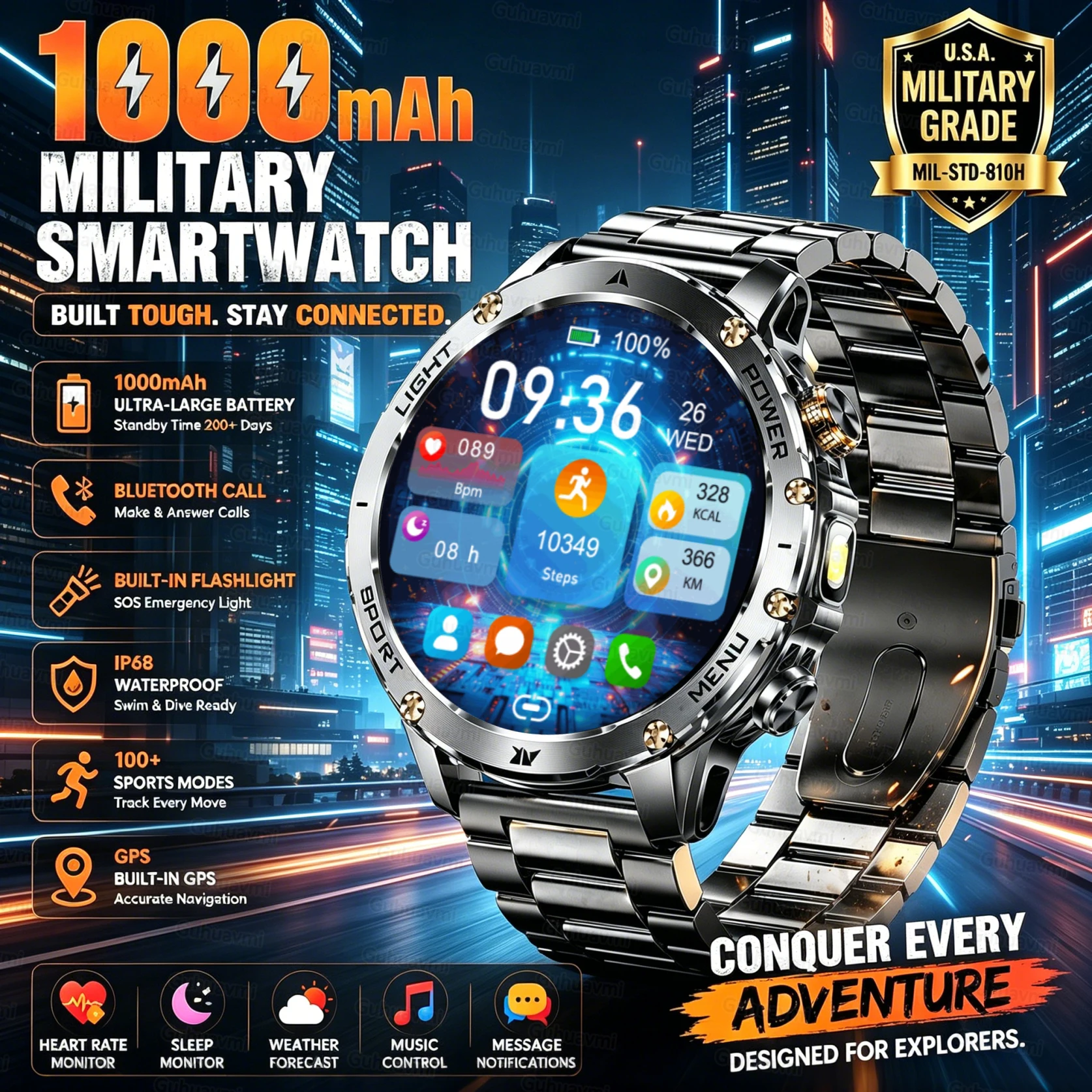 2026New Military Adventure Smartwatch Men 1000mAh big Battery Black Gold Steel  Flashlight 1.7