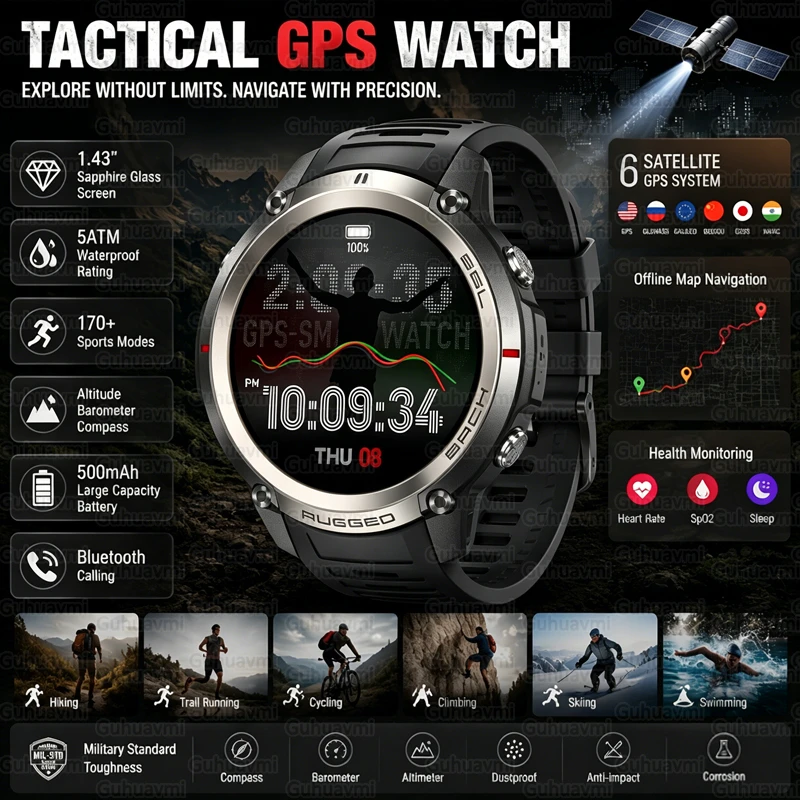 Outdoor Tactical Smartwatch Men 5ATM Waterproof  Military Grade GPS Offline Maps Altimeter Compass Health Monitor Sports Watches