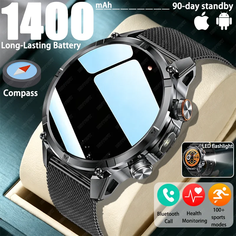 Military 1400 Mah Battery Smartwatch Men LED Flashlight IP68 Waterproof 100+Sports SOS HD Call Fitness Band 1.7