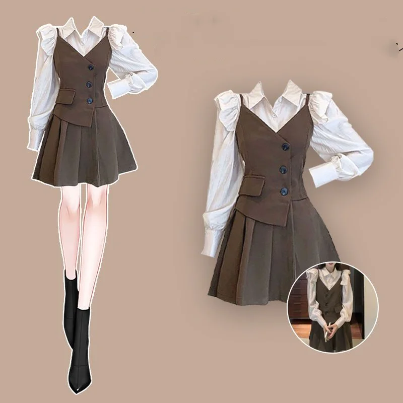 Women's Preppy Style Blouse Overall Mini Dresses Suits 2024 Spring Autumn New Fashion Shirt Tops Slim Strap Dress Two Piece Sets