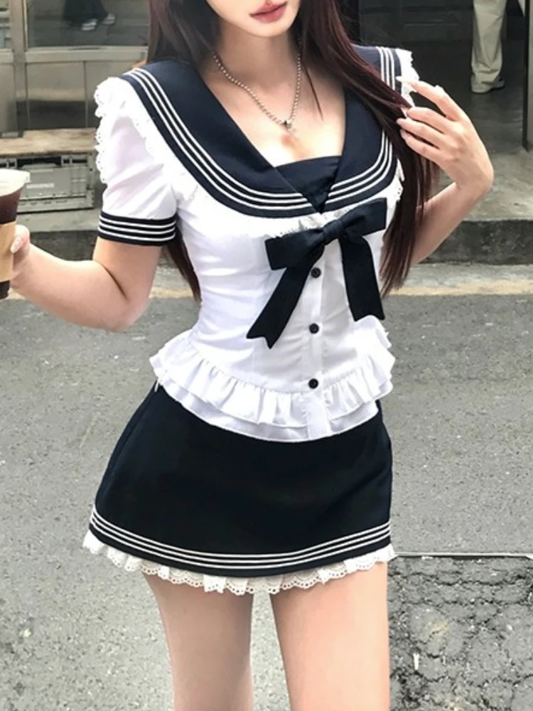 College Style Bow Sweet Two Piece Set Women Sweet Sailor Shirt + Blue Mini Skirt Suit Japanese Kawaii Short Sleeve Ruffle Sets