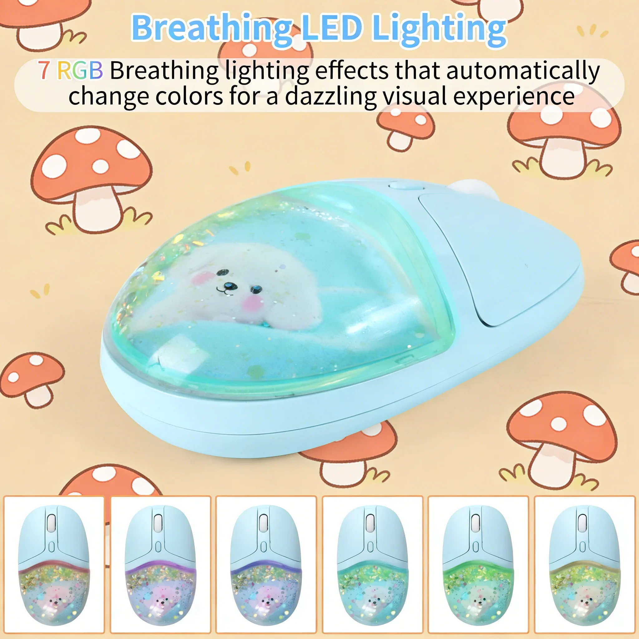 Cute Wireless Mouse Liquid Quicksand Design Bluetooth 2.4G Rechargeable Quiet Button Cartoon Mice with RGB Backlight For Girls