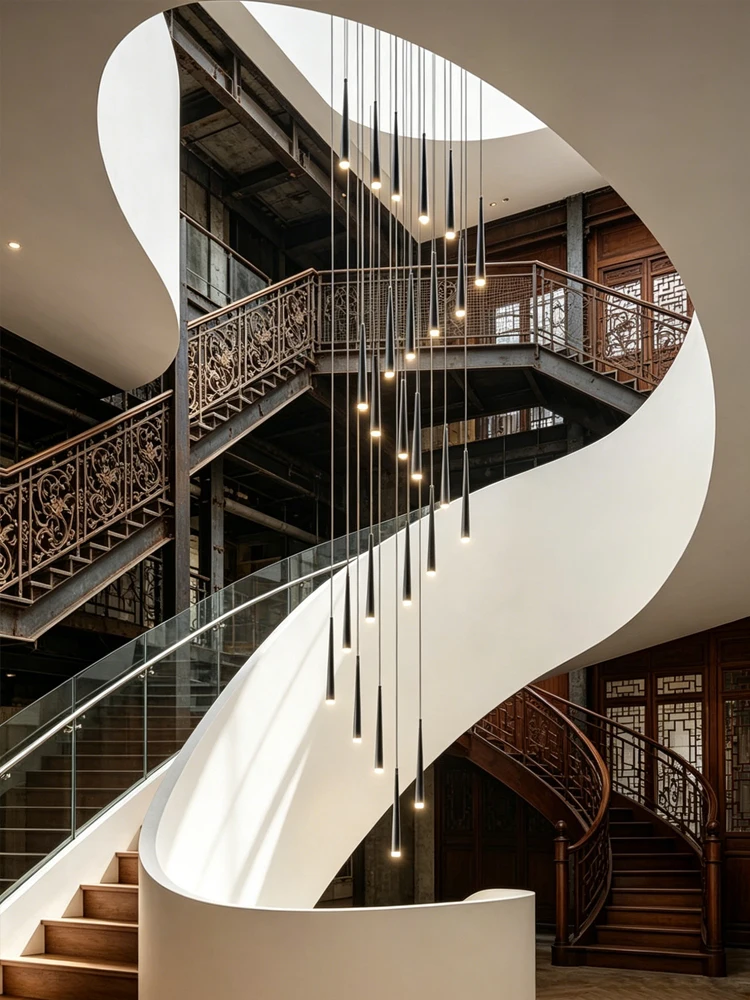 Modern Long Stair Chandelier Luxury Spiral LED Pendant Light For Villa Duplex Loft High Ceiling Hall Rotating Stairwell Lamp
