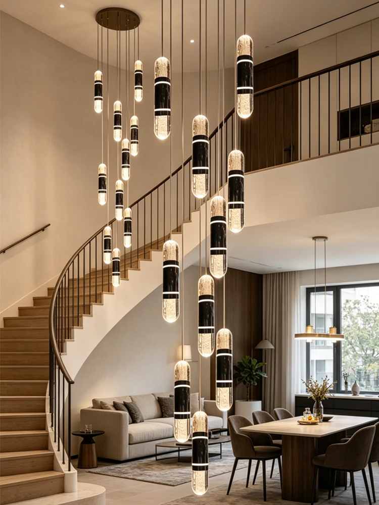 LED Luxury Capsule  Pendent Lamp Modern Vertical Stair Chandelier Long Hanging Lamp For Duplex Loft Villa High Ceiling Stairwell