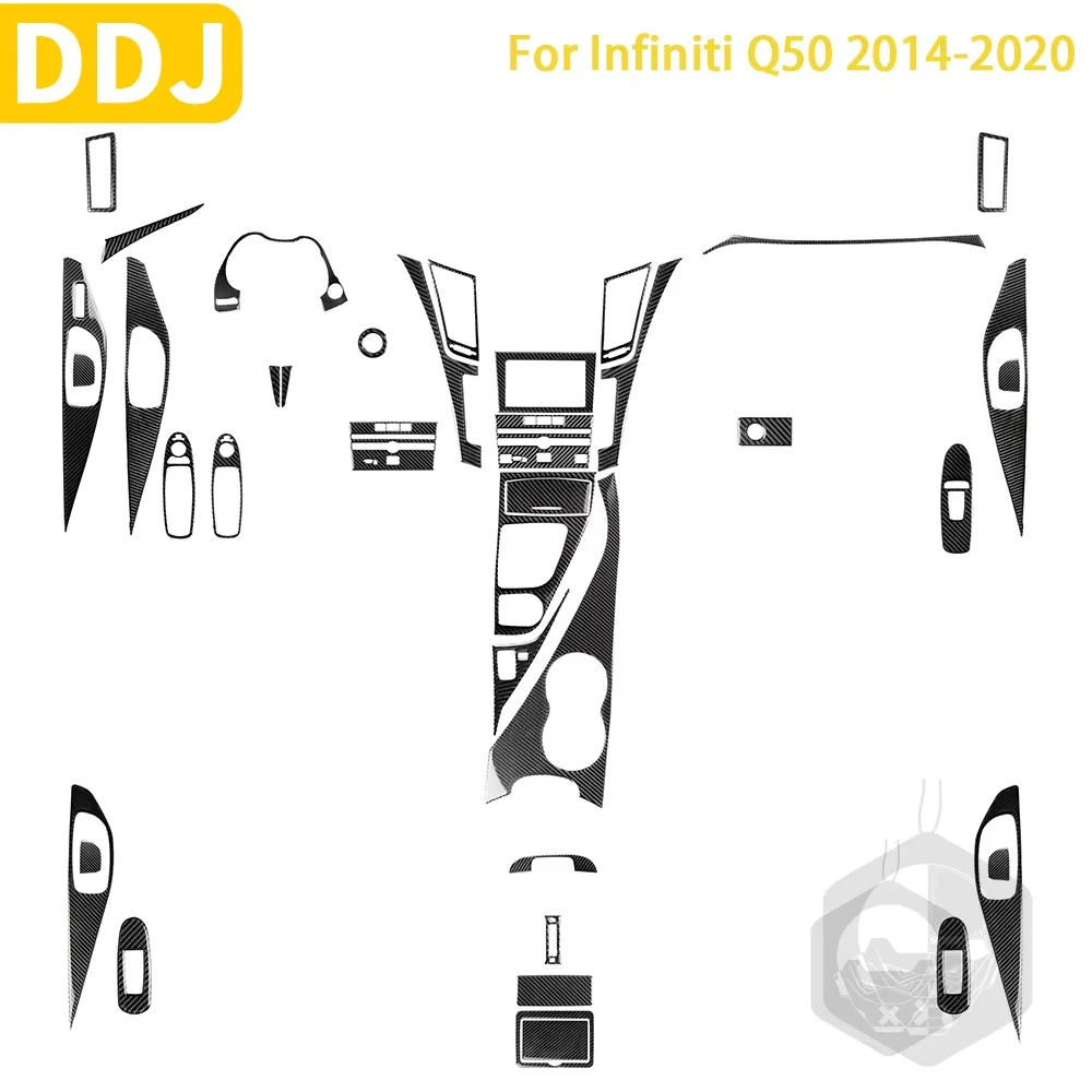 For Infiniti Q50 2014-2020 Accessories Carbon Fiber Interior Car Door Instrument Cupholder Gear Cover Trim Sticker Decoration