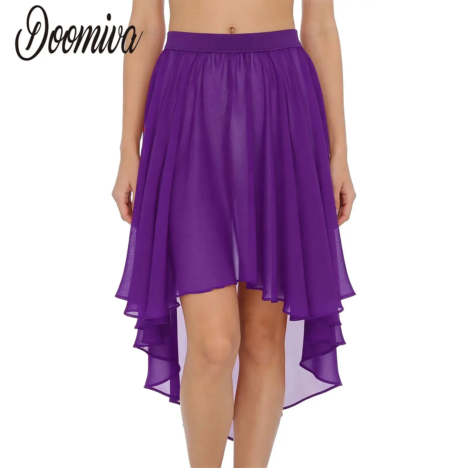 Women Sheer Chiffon Dance Leotards Skirts Ice Skating Ballet Modern Lyrical Dance Clothes Elastic Waistband High-Low Wrap Skirt
