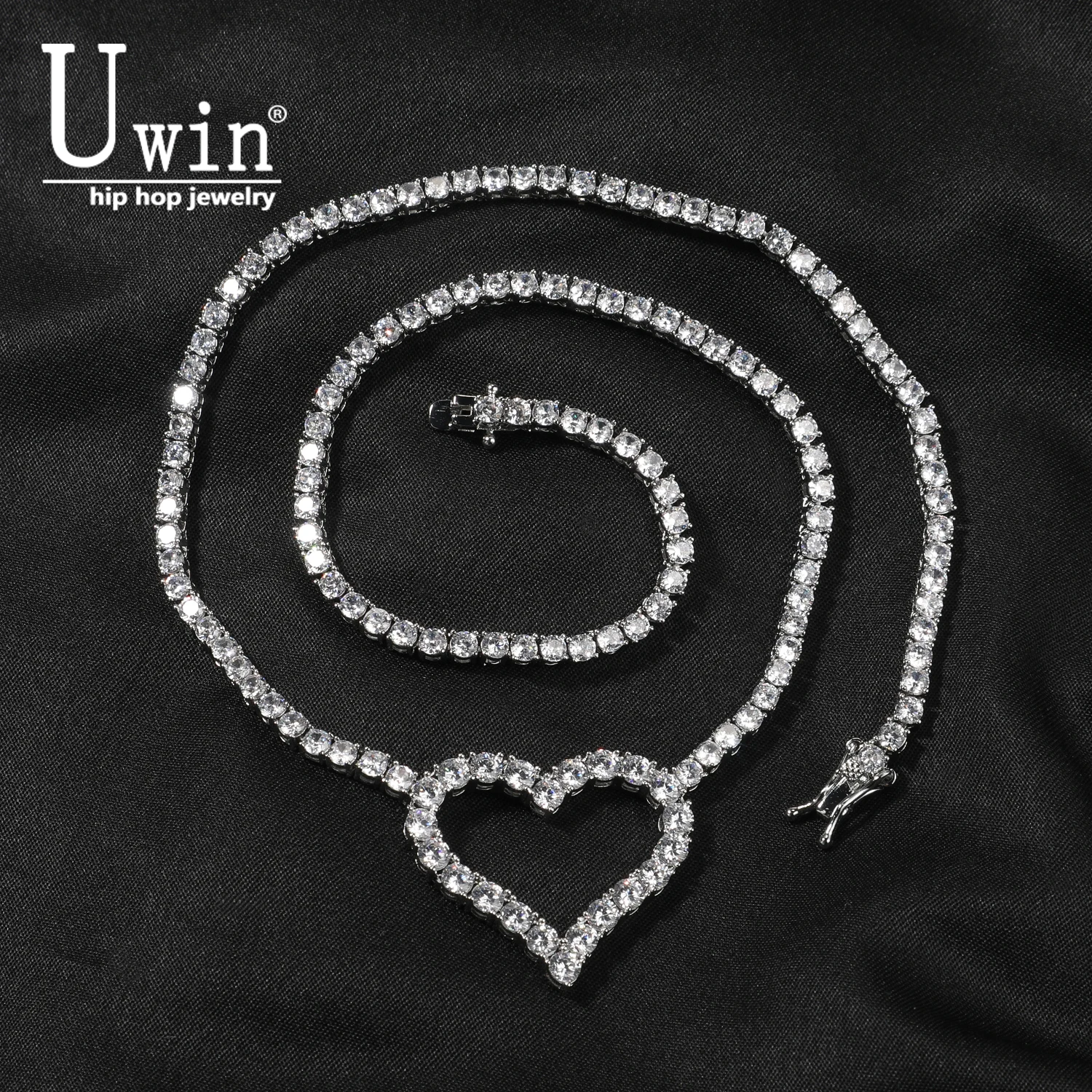 Uwin 3mm Tennis Chain With Lovely Hollow Heart Necklace For Women Girl Iced Out Cubic Zirconia Hip Hop Jewelry Gift