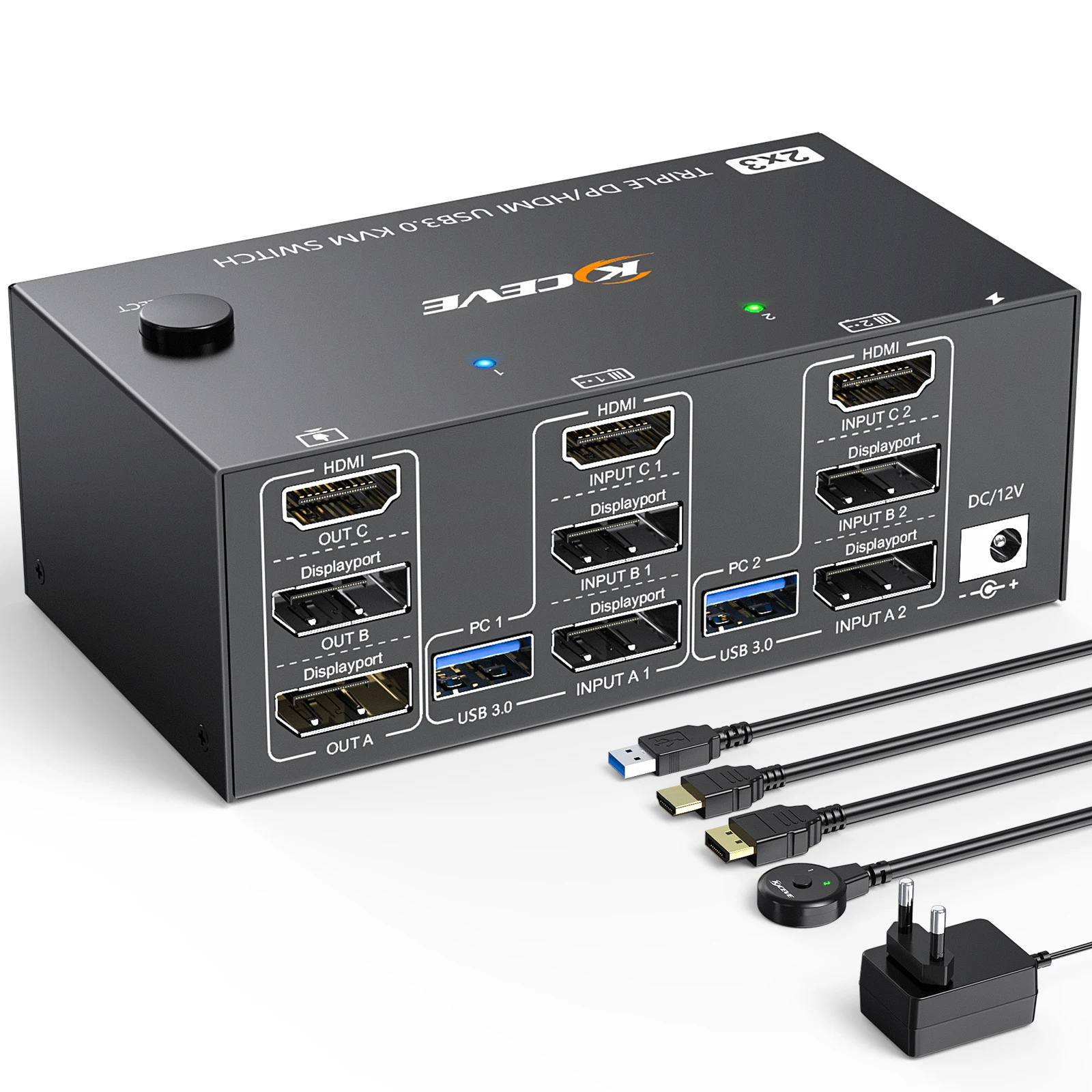 KVM Switch 4/3 Monitors 2 Computers,KCEVE USB 3.0 HDMI+DisplayPort 8K@30Hz/4k@144Hz for 2 Computer Share 3/4 Monitors 4 USB 3.0