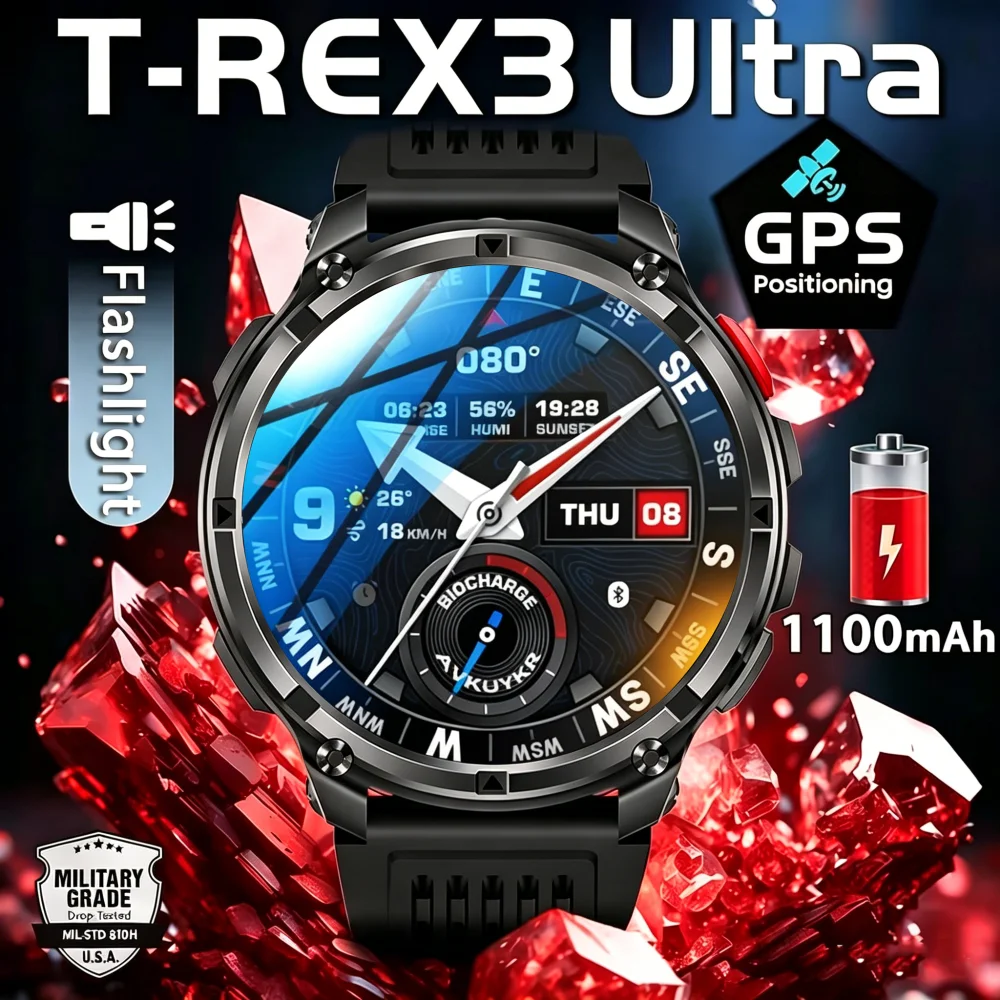2026 T-Rex3 Ultra 1100mAh Battery 170+ Sport Fitness LED Flashlight IP68 Waterproof Bluetooth Call GPS Track Smartwatch Compass
