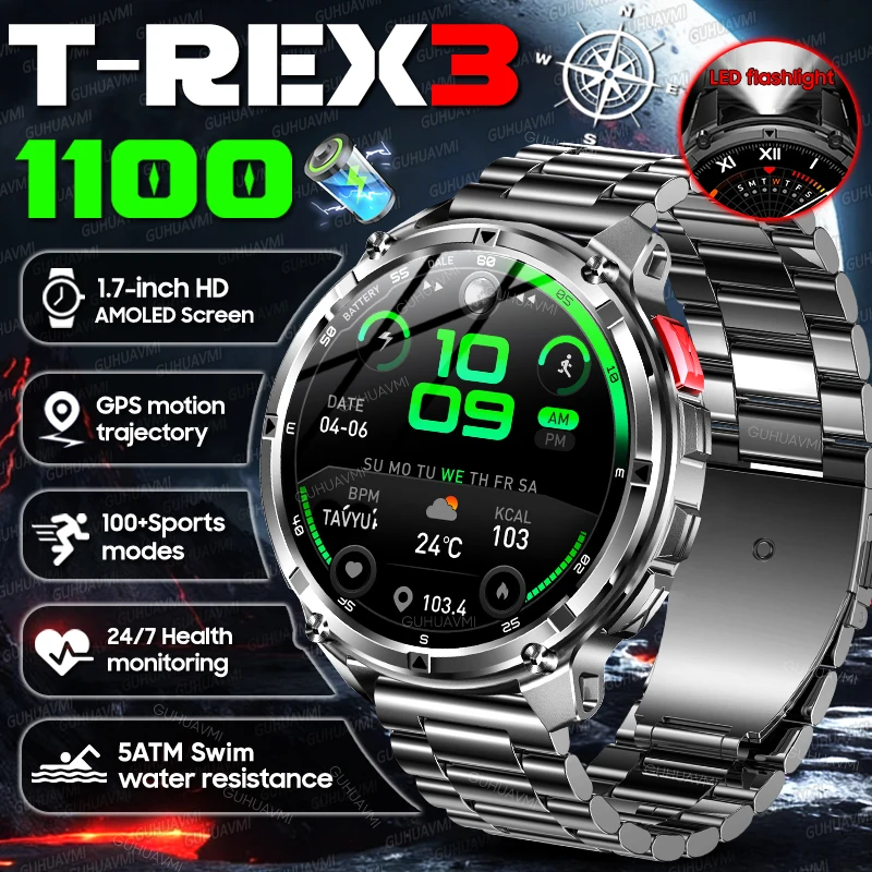 2026 New Outdoor 1100mAh Large Battery SmartWatch Men GPS trackr Compass Waterproof Flashlight Bluetooth Call Sports Smartwatch