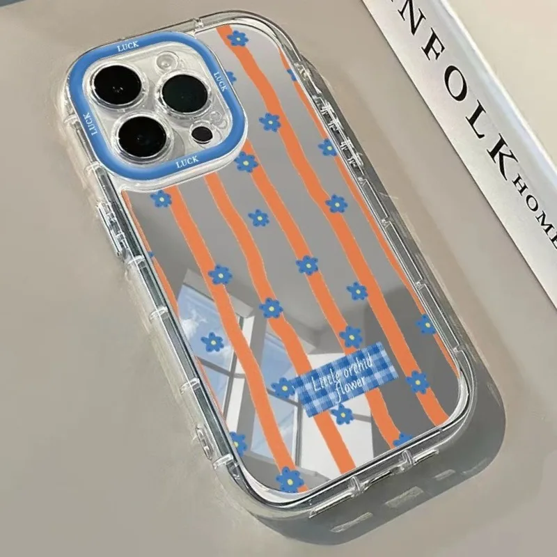 Blue Striped Flowers Pattern Mirror Phone Case For iPhone 11 12 13 14 15 16 17 Pro Max 7 8 Plus XR X XS Max 16E 17E Back Cover