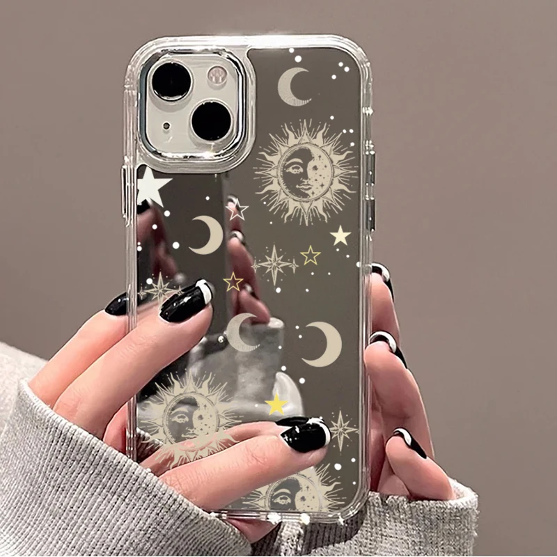 Sun Moon Star Mirror Phone Case for iPhone 16 17 Pro Max 15 14 Plus 11 12 13 Pro Max 16E Transparent Shockproof Protective Cover