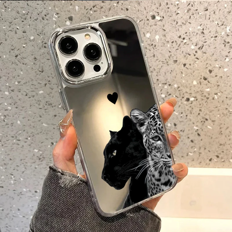 Fashion Black Panther & Leopard Pattern Mirror Phone Case for iPhone 17 16 15 Plus 14 Pro 12 11 13 Pro Max 16E Protective Cover