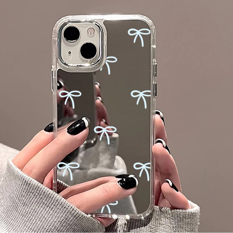 Light Blue Bow Mirror Phone Case for iPhone 11 12 13 14 15 Pro Max 16 Plus 17 Pro Max 16E Shockproof Soft Protective Back Cover