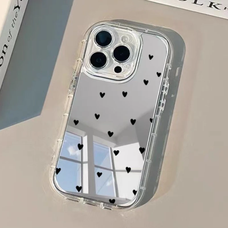 Full Screen Heart Pattern Phone Case For iPhone 17 16 15 14 13 12 11 Pro Max 7 8 16 Plus XR X XS Max 16E 17E Luxury Mirror Cover