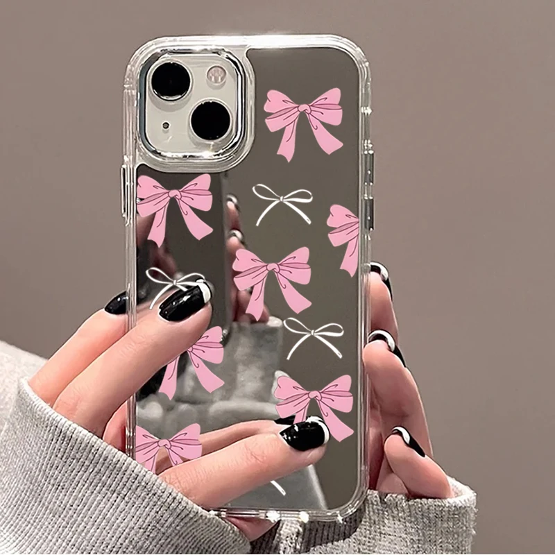 Cute Pink Black Bow Pattern Mirror Phone Case for iPhone 17 16 Pro Max 15 14 Plus 11 12 13 Pro Max 16E Shockproof Clear Cover