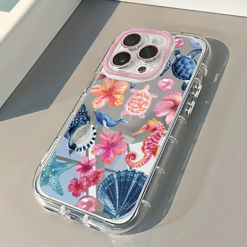Marine Elements Sea Turtle Jellyfish Mirror Phone Case For iPhone 11 12 13 14 15 16 17 Pro Max 7 8 Plus XR X XS 16E 17E Cover