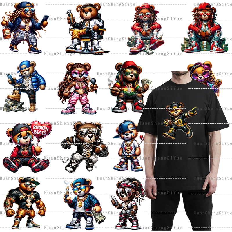 Teddy Bear Street Style Ironing Sticker Clothes DTF Fashion T-shirt Hoodie DIY Hot Transfer Hot Sticker Waterproof