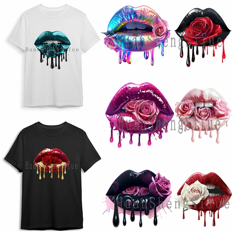 Rose Lip Ironing Sticker Clothes DTF Fashion T-shirt Hoodie DIY Jacket Patch Hot Paste Paper Waterproof