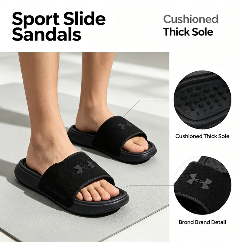 2026 Under Armour Black White Casual Sport Slides Cushioned Thick Sole Non-Slip Slippers for Gym Beach Daily Wear