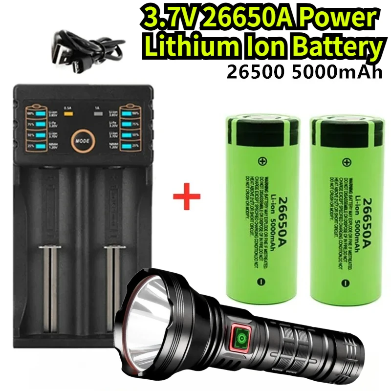 3.7V 26650A Power Lithium Ion Battery | 5000mAh 50A High Discharge, Suitable for Rechargeable LED Flashlights