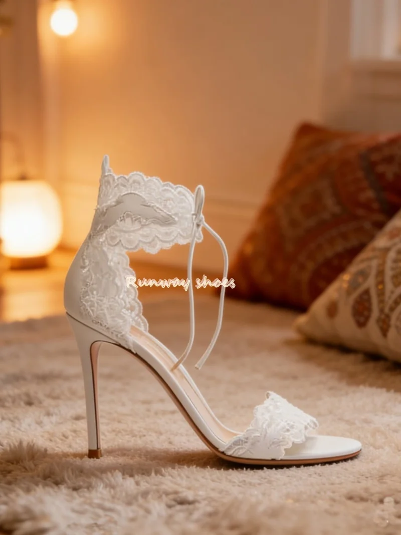 Lace Fabric Lace Single Buckle Strap Round Toe Ankle Bandage White Wedding Shoes Single Buckle Strap Handmade Luxury Shoes