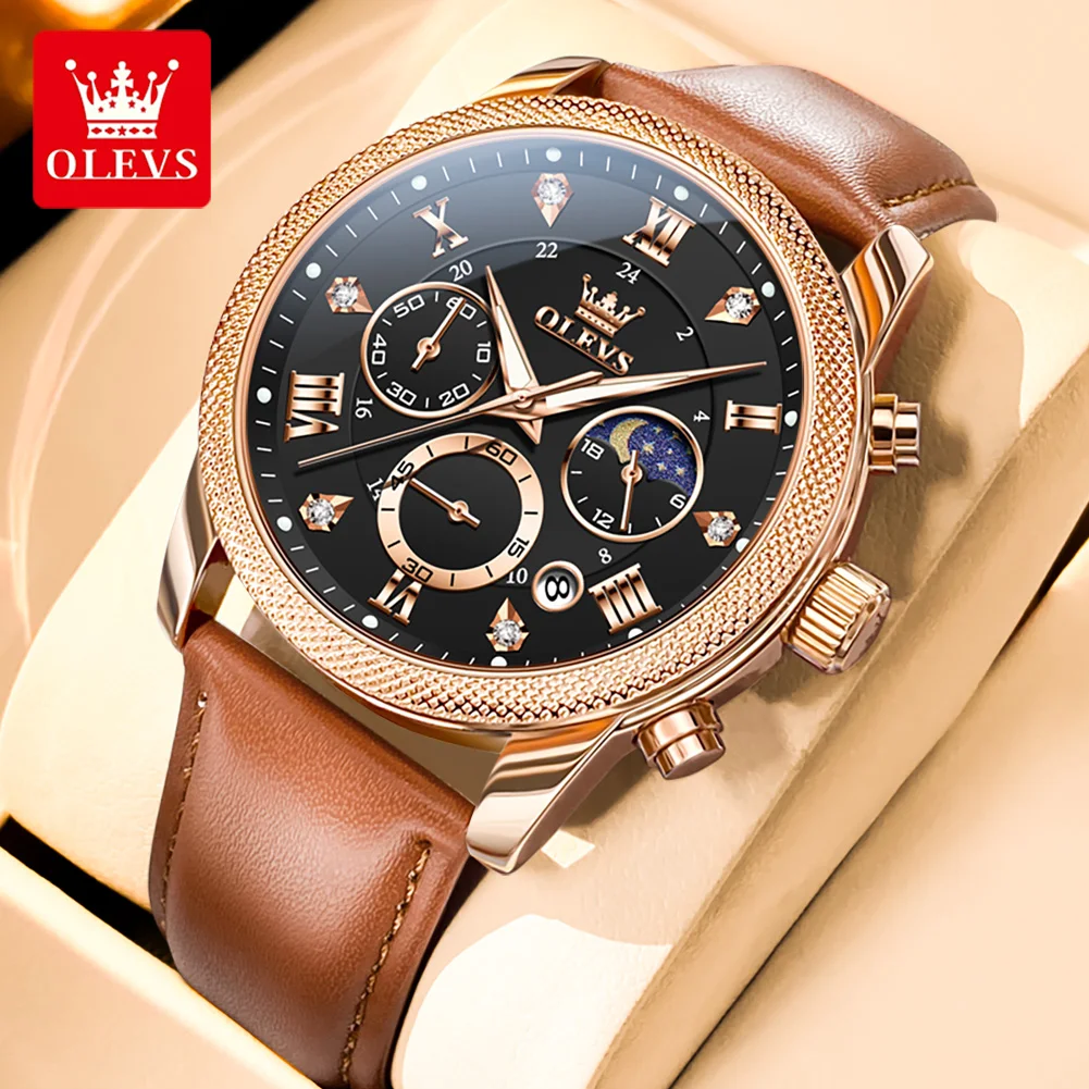 OLEVS 3660 Moon Phase Chronograph Luminous Men's Watches Leather Strap Waterproof Original Quartz Watch for Man Brand Wristwatch