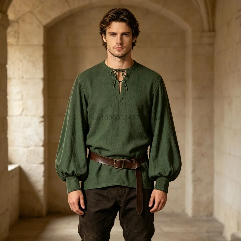 Men Medieval Shirt Long Sleeve Green Lace‑Up Renaissance Pirate Tops Drama Performance Cosplay Costume Vintage White Blouse