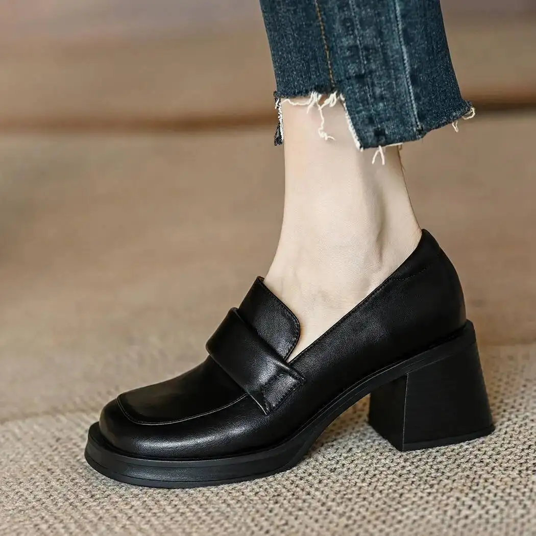 Women's Mid Heel Shoes 2025 New Leather Chunky Heel Loafers Thick-Soled French Minimalist Square Toe High Heel Office Shoes
