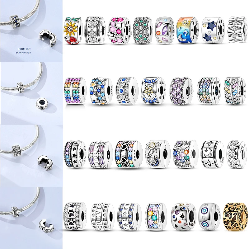 Cat Butterfly Daisy CZ Pave Clip Charms Positioning Buckle 925 Sterling Silver Silicone Spacer Beads Fit Original Racelet DIY