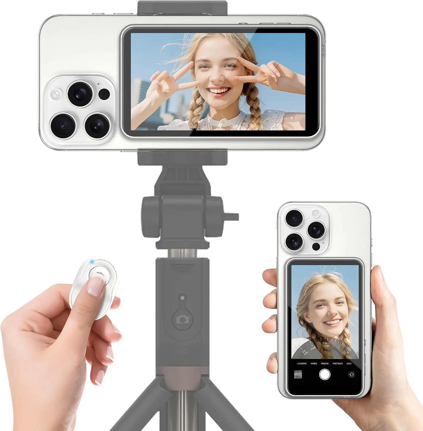 Magnetic Phone Selfie Screen with Zoom/Remote/Speaker Back Camera Selfie Monitor Vlog Video Live Streaming for iPhone Android