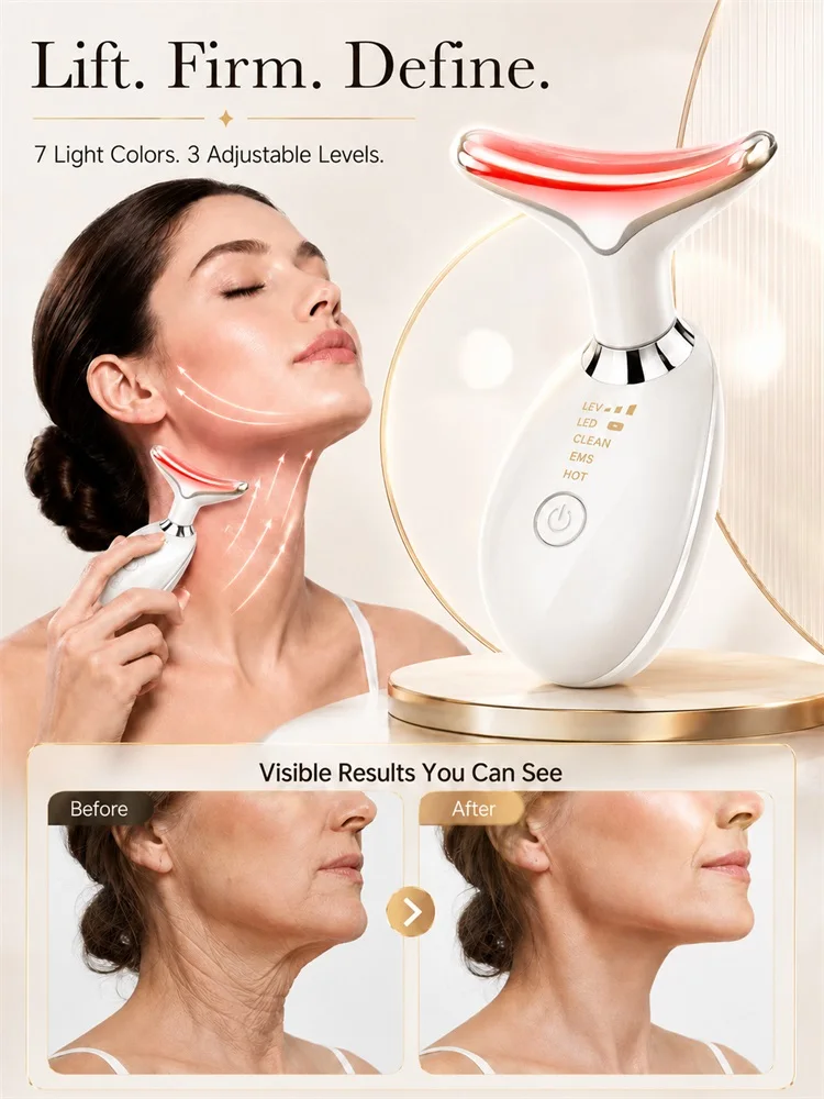 Neck Face Massager, Red Light Therapy & EMS Microcurrent for Skin Tightening & Jawline Lifting, USB Rechargeable Beauty Tool