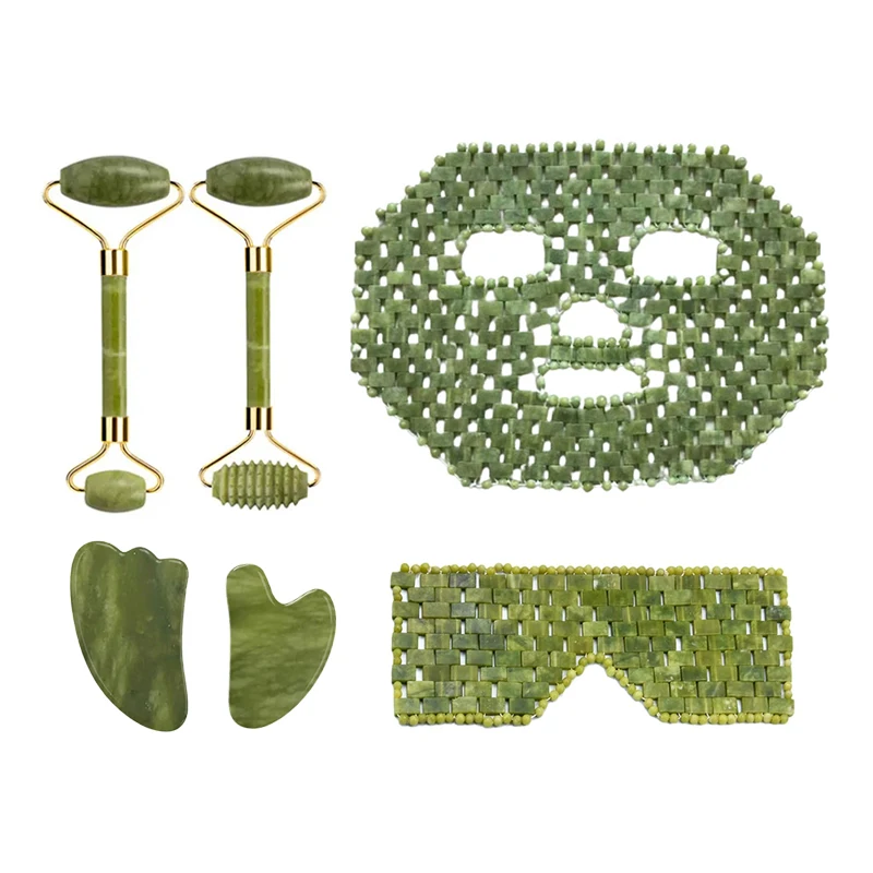 Natural Xiuyan Jade Facial Mask Gouache Scraper Roller Massager Jade Stone Guasha Cold Therapy Anti Aging Jade Mask Beauty Tool