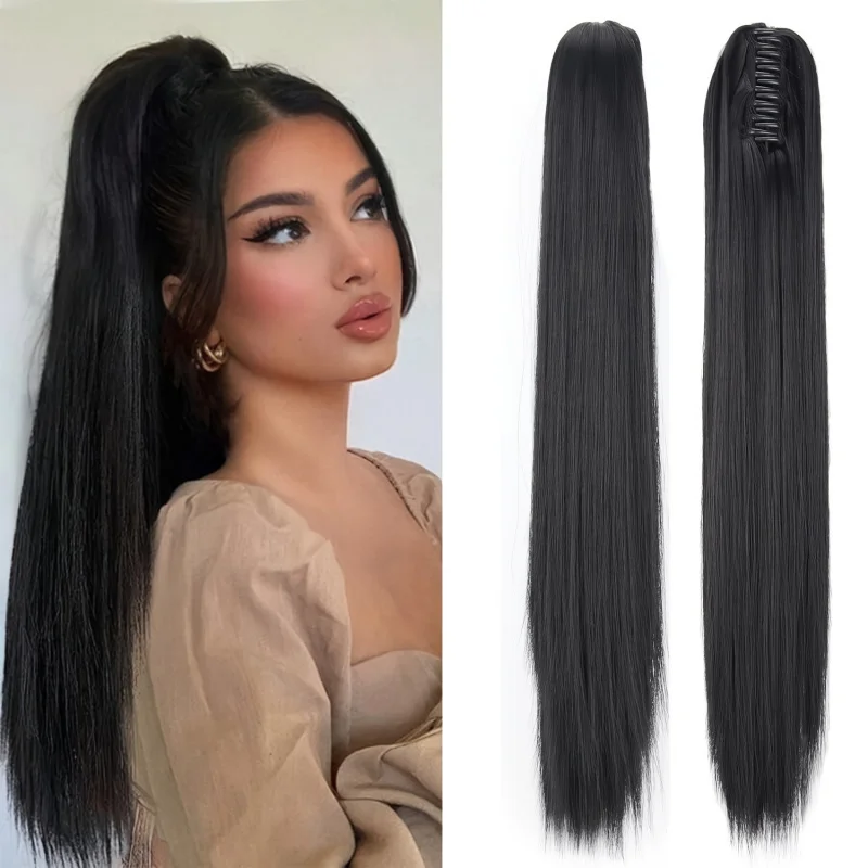 Women's long straight hair -on wig, claw clip style synthetic fiber ponytail