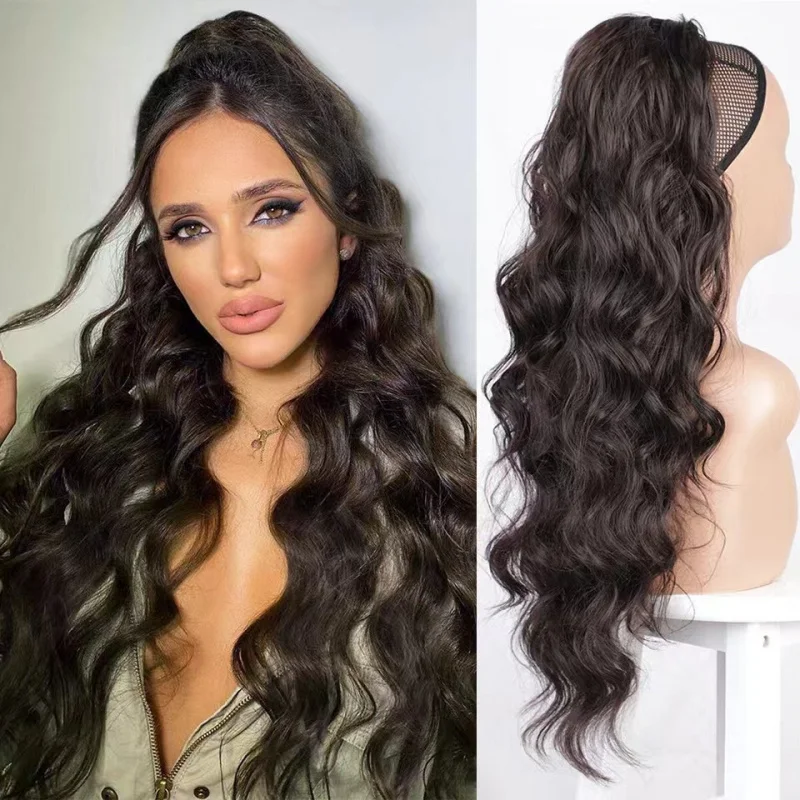 Women's long curly , drawstring hair extensions, , African big wave synthetic fiber wig, ponytail