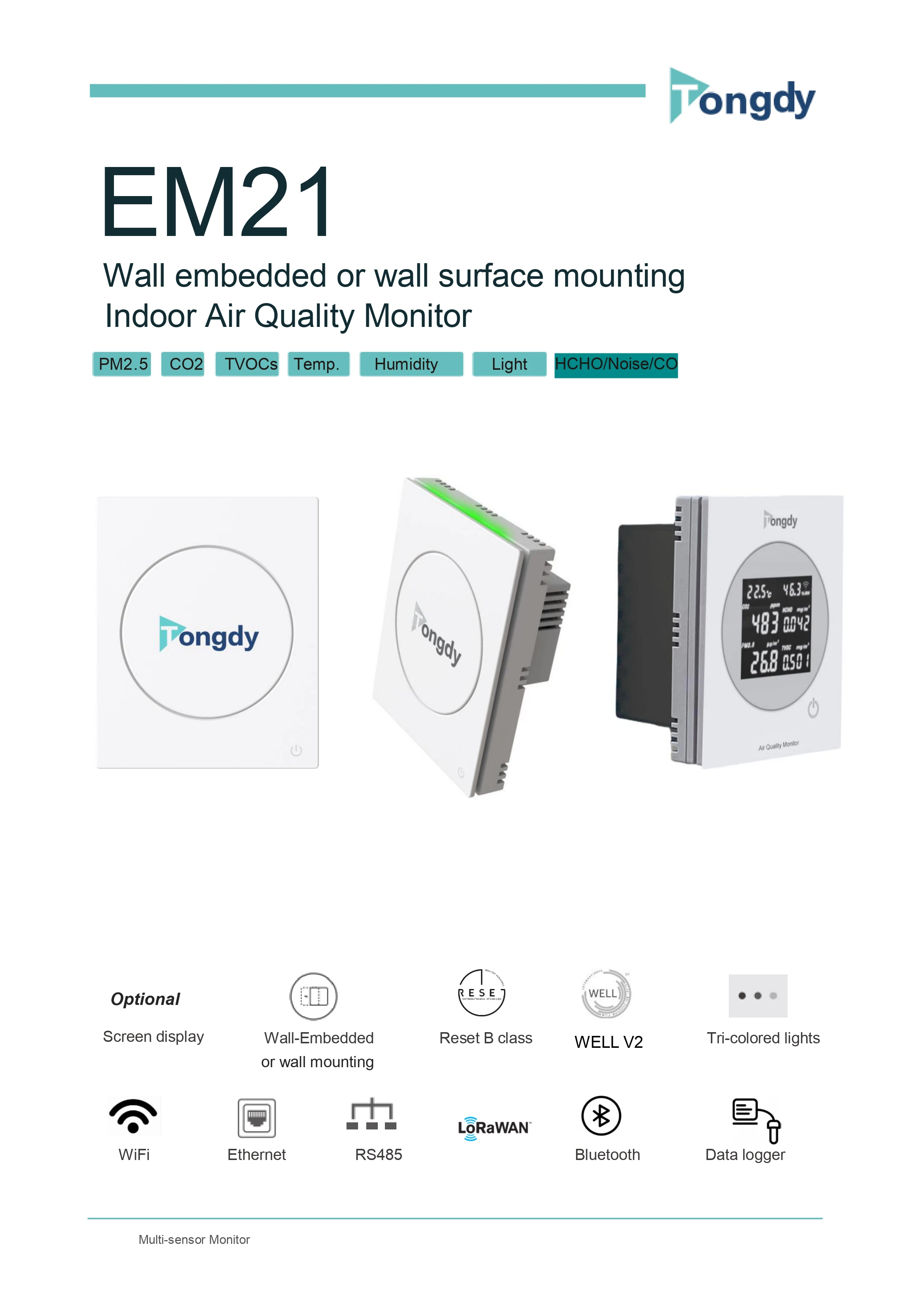 EM21 Business Home Use CO2 PM2.5 PM10 Temperature Humidity TVOC HCHO Light Noise Sensing Air Quality Monitor