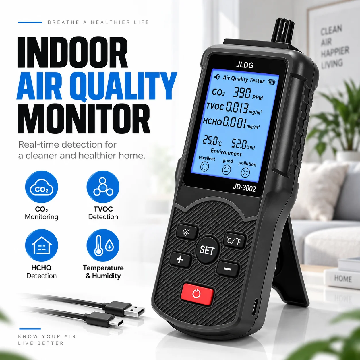 5 in 1 Indoor Air Quality Monitor CO2 HCHO TVOC Detector Temperature Humidity Meter Rechargeable Air Pollution Tester with Alarm