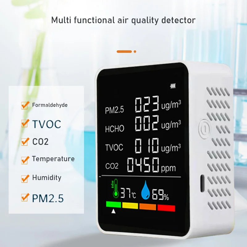 Portable Carbon Dioxide Air Quality Detector Temperature and Humidity Sensors PM2.5 Formaldehyde TVOC Detection
