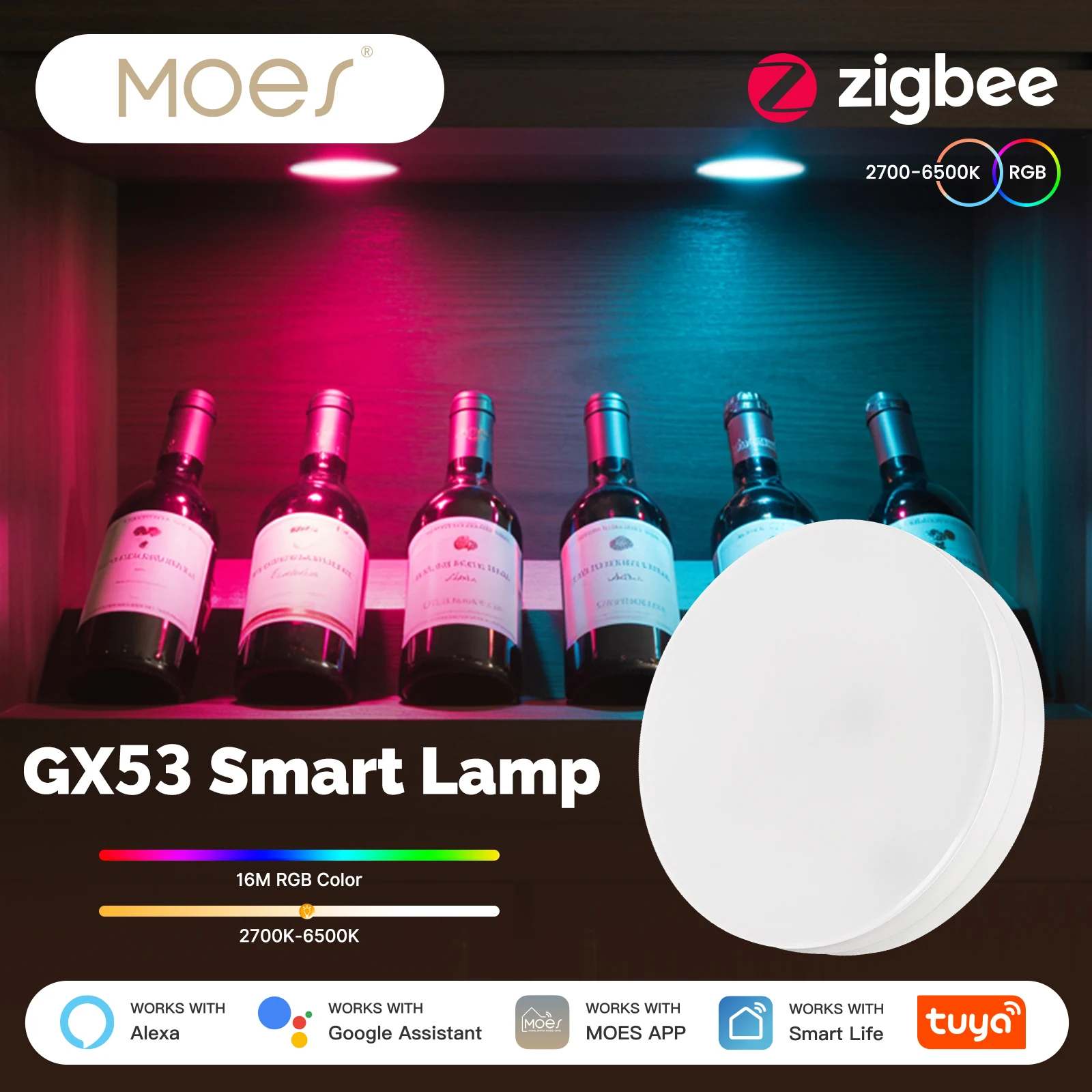 MOES Tuya ZigBee Smart LED Lamp GX53 Light Bulb Color Changing Dimmabl Music Sync Restaurant Cabinet Work With Alexa Google Home