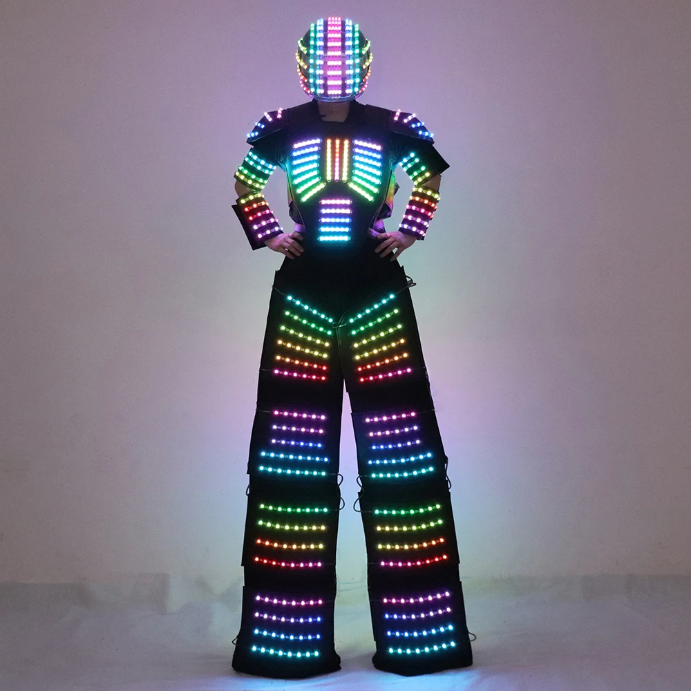 Full Color Smart Pixel LED Robot Suit Costume Light Up Stilts Walker Clothing Helmet Laser Gloves LED Luminous Jacket Clothes