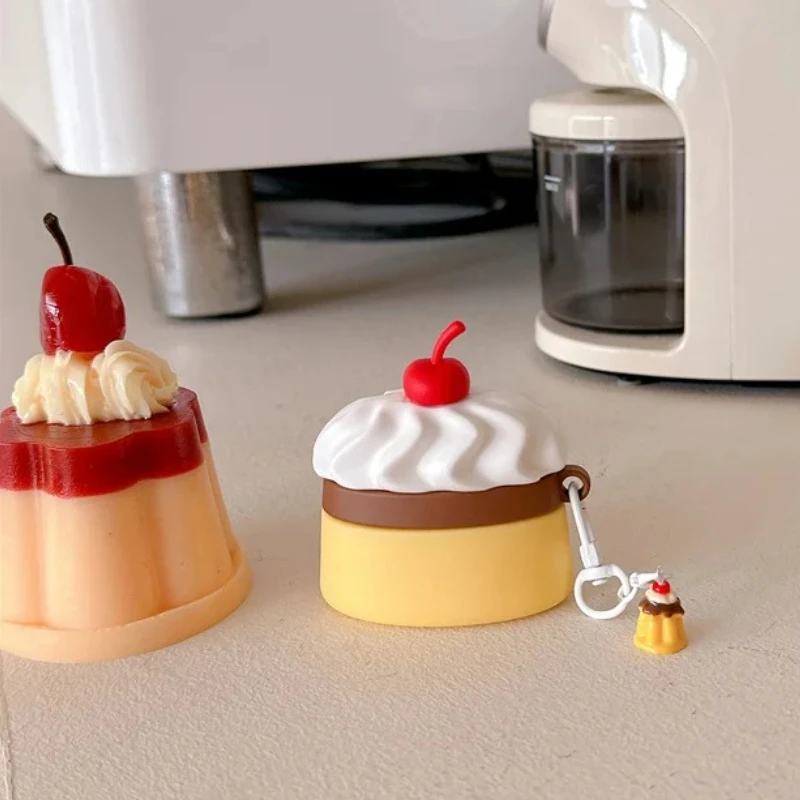For AirPods 1 2 3 4 Pro 2 Case Funny 3D Cartoon Cherry Pudding Cake Silicone Soft Earphone Case With pendant For AirPods 4 Funda