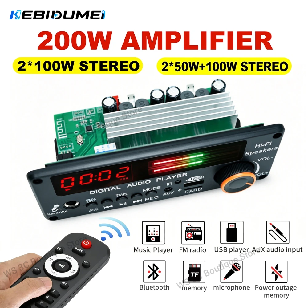 KEBIDUMEI 200W Amplifier Bluetooth 5.3 MP3 WMA Decoder Board 12V 100W Handsfree Car Audio 6.5MM Mic USB TF FM DIY Music Player