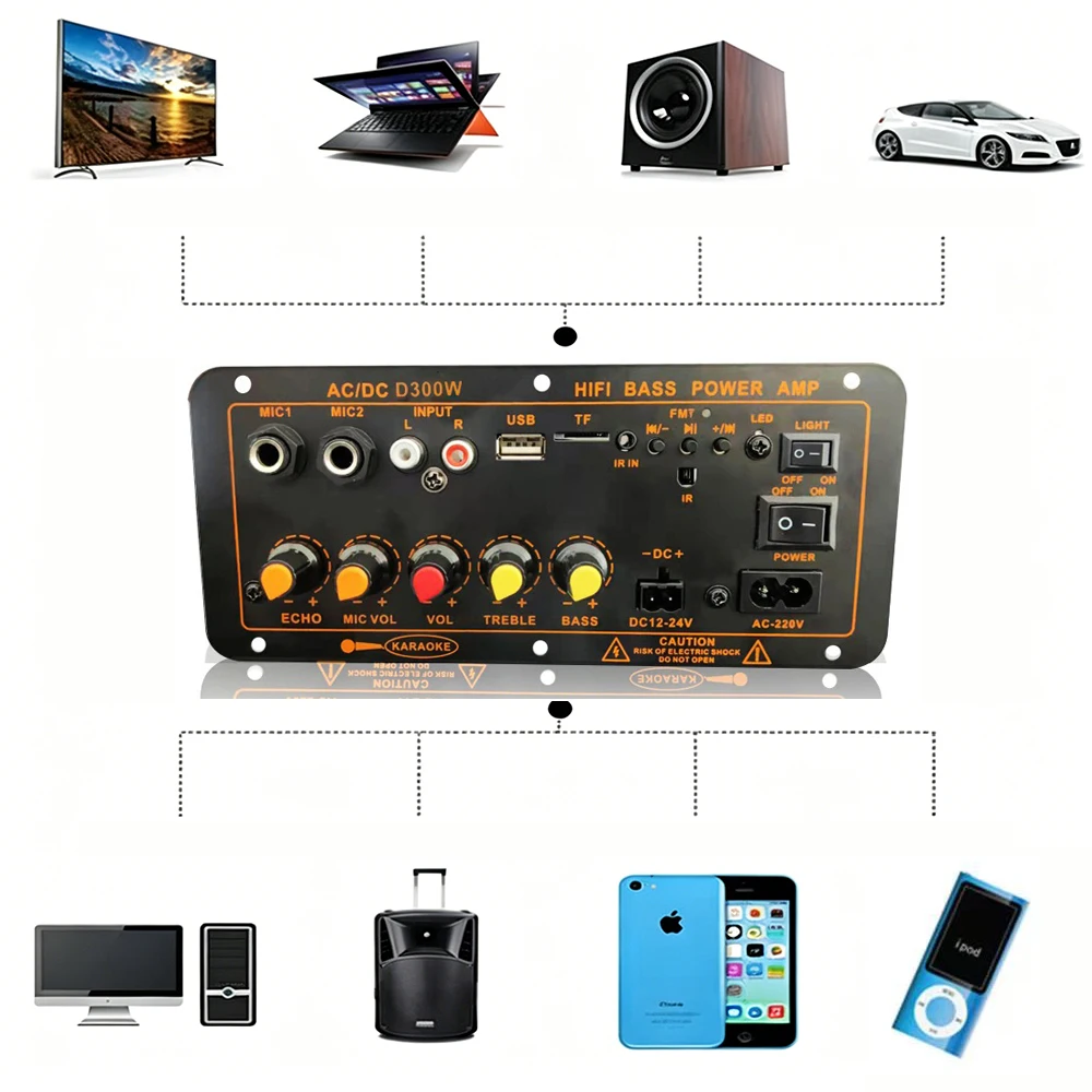 D300 100W Bluetooth5.0 Power Amplifier Board, AC/DC Dual Power AMP Module With Dual Mic Input Support USB TF AUX FM Radio