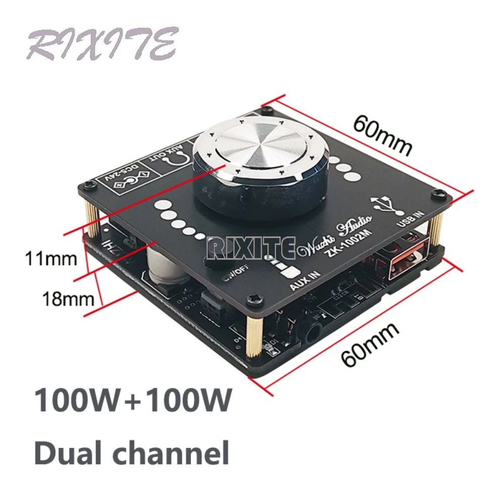 100W+100W Bluetooth 5.0 Double Channel Power Audio Amplifier Board Stereo AMP Sound Amplifier Home Theater AUX USB ZK-1002M