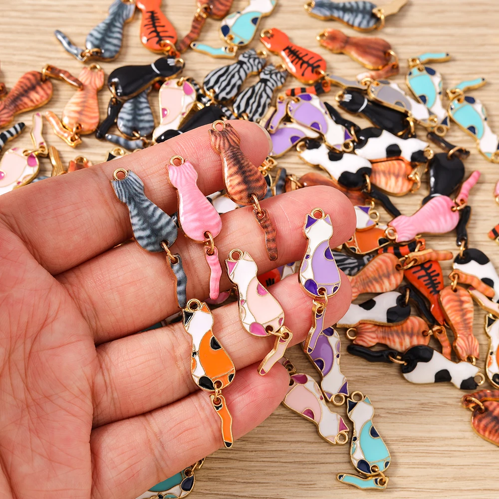 Tusember 10pcs Alloy Metal Enamel Cute Cat Charm Animal Pendant For DIY Earrings Bracelet Necklace Jewelry Making Accessories