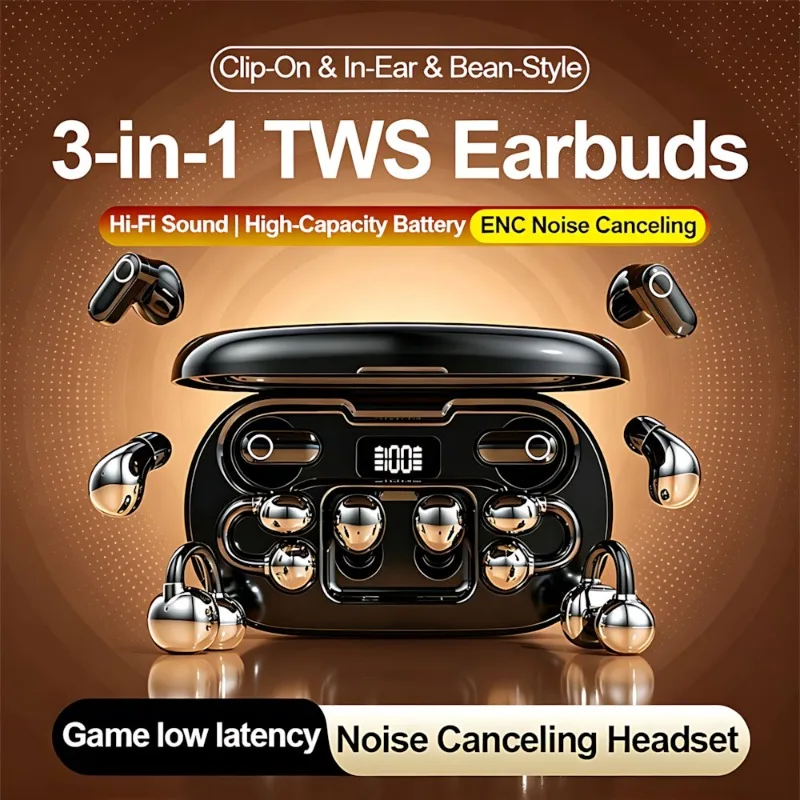 New 3 in 1 Wireless Bluetooth Earphone Mini Ear Clip In-ear Sleep Work Game Headphone Semi-in-ear Power Bank Charger Case Earbud