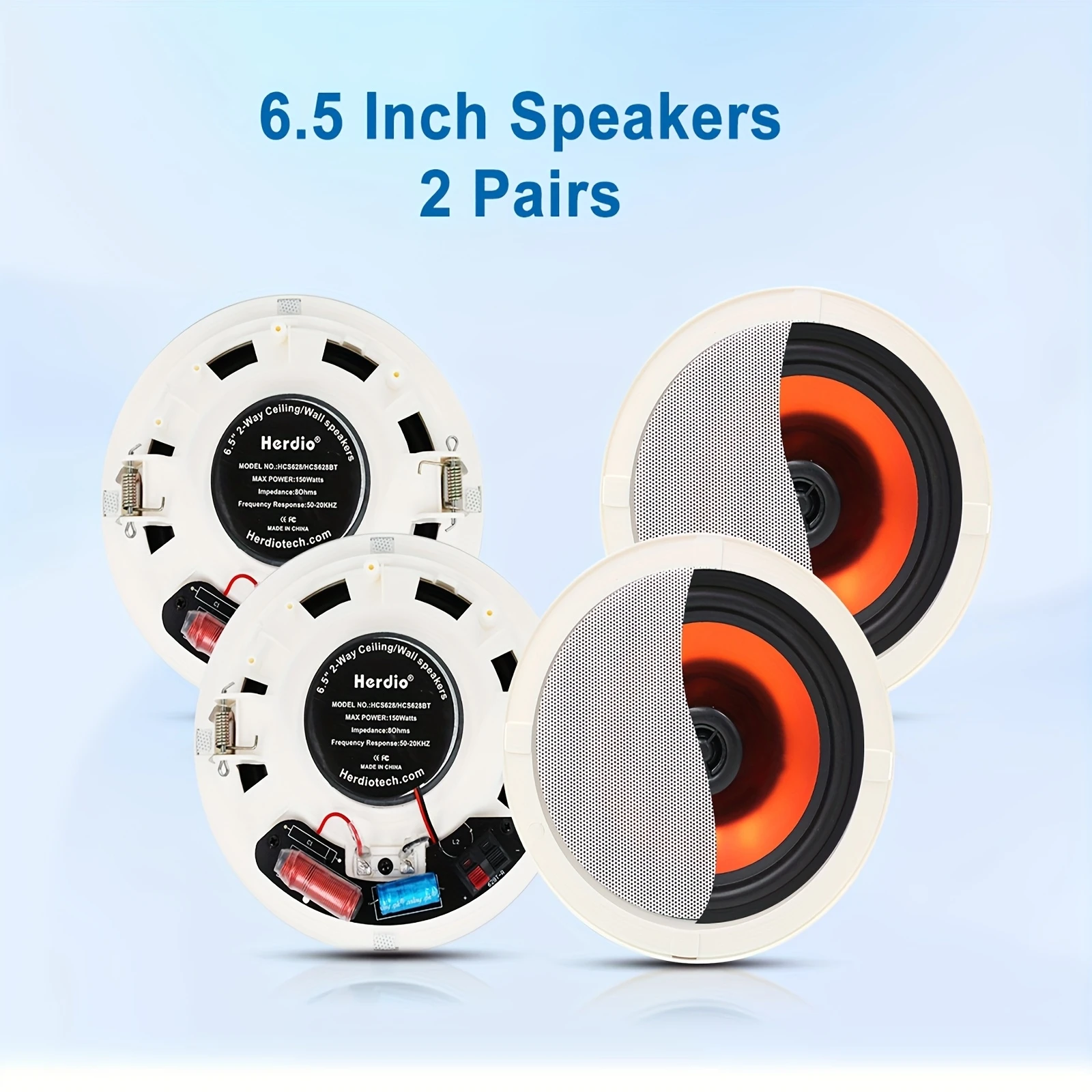 Herdio 4PCS In Ceiling Speakers 6.5 Inch 600 Watts Flush Mount Passive Wired Speakers For Bathroom Kitchen Living Room Office
