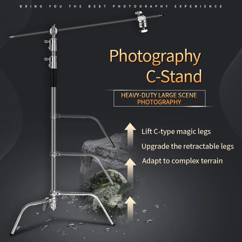 C-Stand Photography Stand Stainless Steel with Hold Arm and Grip Head Upgraded Max Height 260cm with One Adjustable Magical Leg
