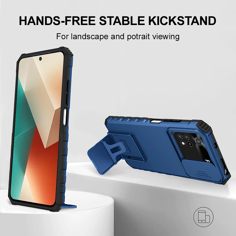 Phone Case Shockproof For Xiaomi Poco X6 X5 Pro X3 NFC Sliding Camera Lens Protector Cover With Adjustable Angle Kickstand Cover