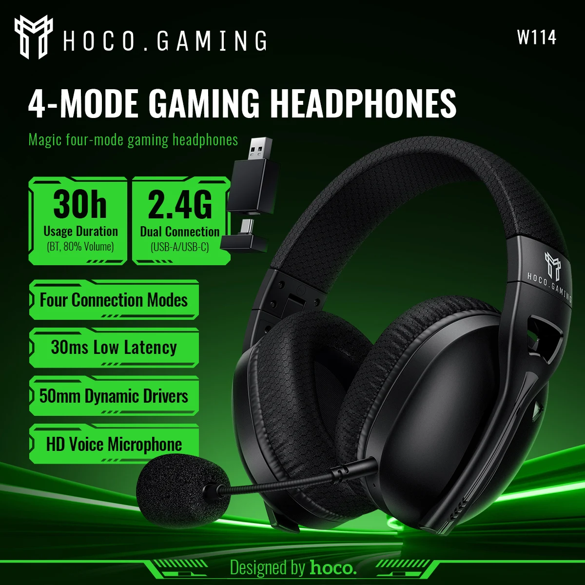 HOCO W114 Four-mode Gaming Wired Headphones Wireless BT 50MM with Mic with Audio Cable Surround Sound Headsets For PC Computer